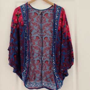 Anthropologie Blue and Pink Blouse with Flutter Sleeves
